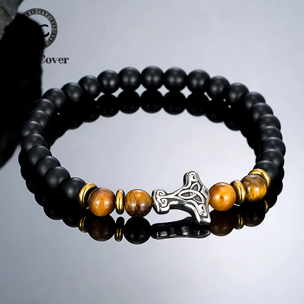 Norse Mythology Mjolnir Beaded Bracelet - Natural Stone & Stainless Steel Thor's Hammer Elastic Bangle Jewelry