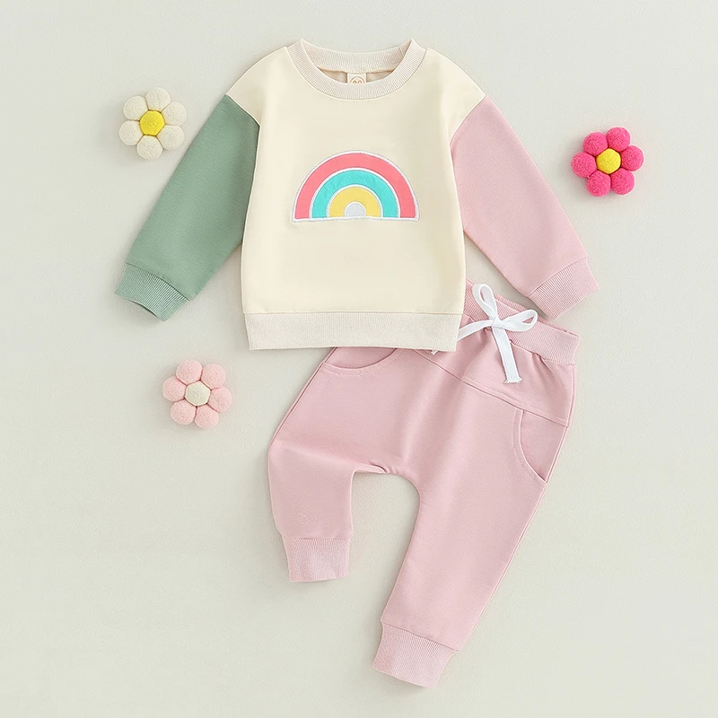 

Autumn Fall Toddler Boy Clothes Rainbow Embroidery Pattern Long Sleeve Sweatshirt Solid Pants Set 2Pcs Cotton Outfit