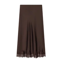 Women's Skirts Fashion Lace Decoration Satin Midi Skirt Vintage Women High Waist Long Skirts - Image 2