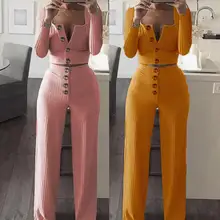 

1 Set Crop Top Pants Solid Color High Waist Spring Autumn Temperament Buttons Coat Trousers for Daily Wear