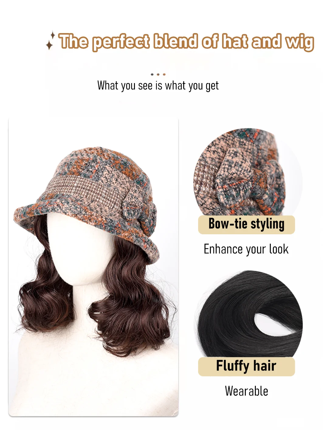 Synthetic 6inch Blue Bow Fisherman's Hat Slouchy Curl Wig Brown Princess Curl Lo Coldproof Warm Horse Roll Christmas Gift