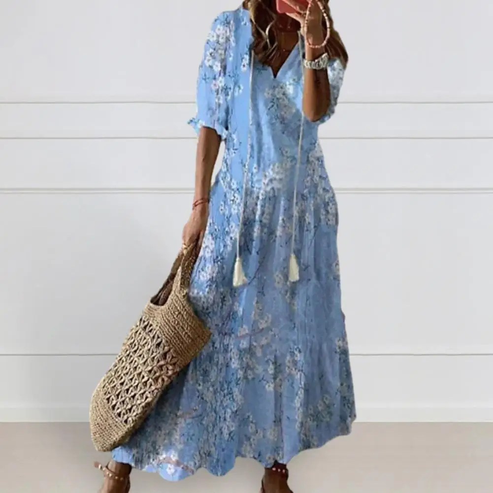 

Women Loose Fit Dress Flower Print A-line Maxi Dress with V Neck Tassel Decor Stylish Vacation Beach Dress for Women Mid-sleeve