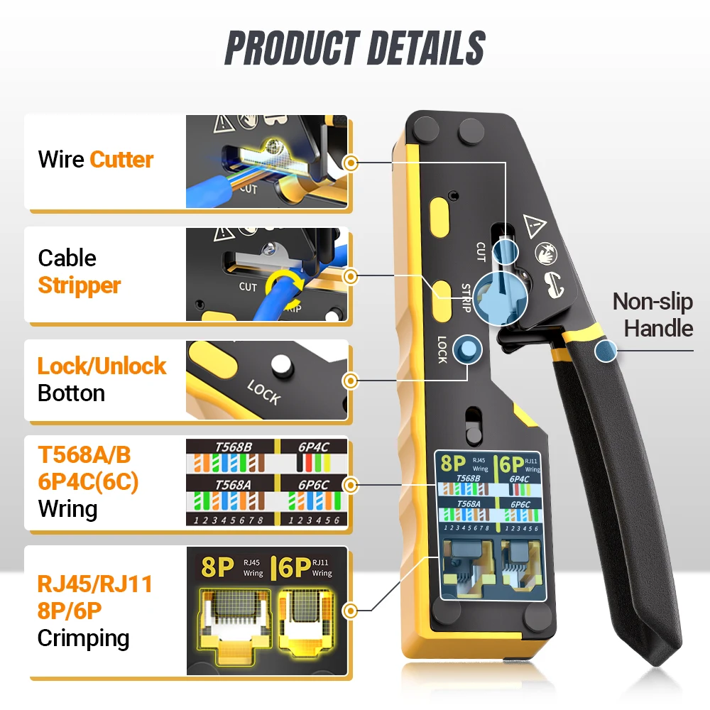 AMPCOM RJ45 network crimper Pass Through Multifunction Ethernet Crimping Pliers Crimp/Cut/Strip for LANTEL(RJ11/CAT5E/6 UTP STP