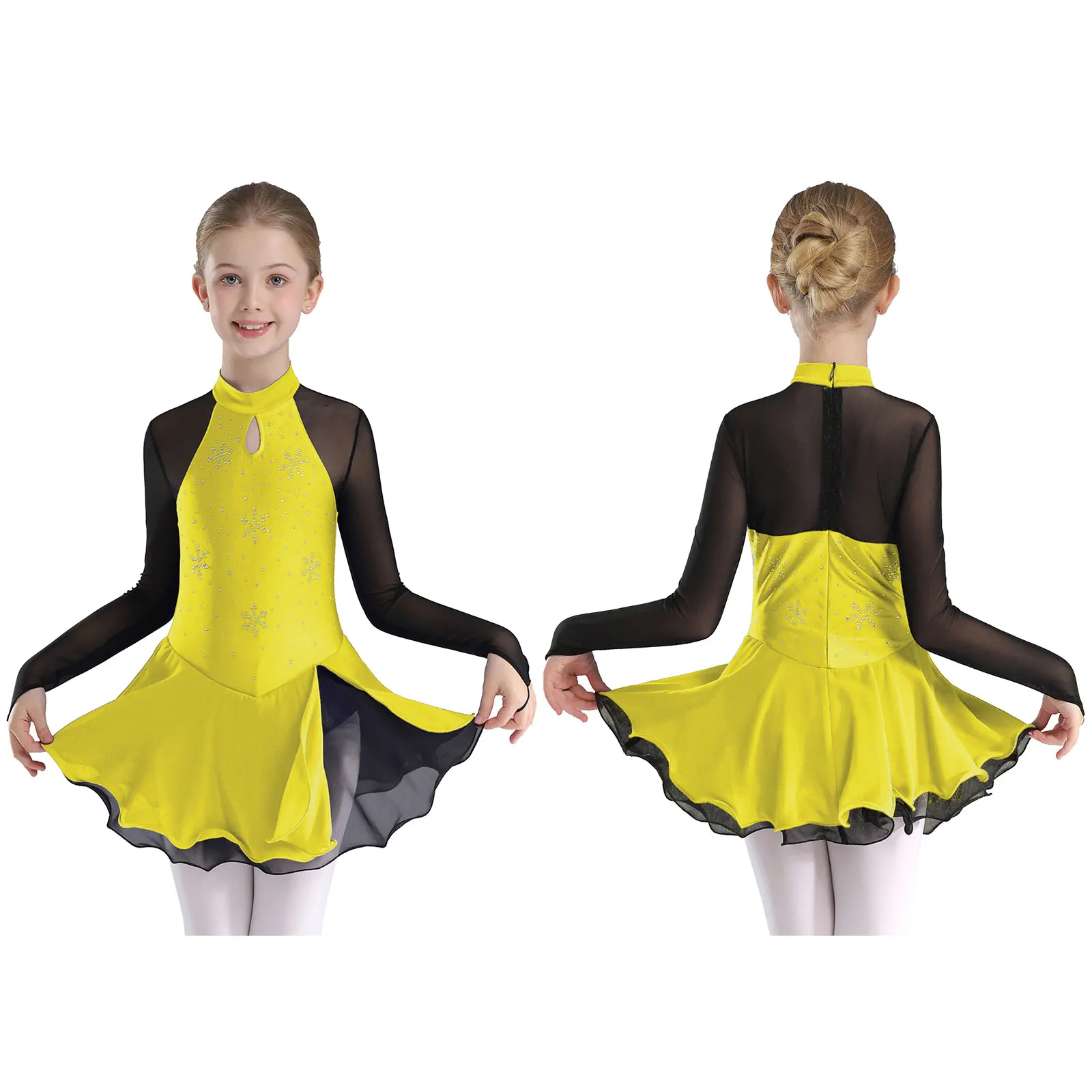 thumbnail image 1 of Niños Niñas gimnasia patinaje artístico Ballet traje de baile lírico malla transparente manga larga vestido brillante con diamantes de imitación Ropa de baile, 1 of 5
