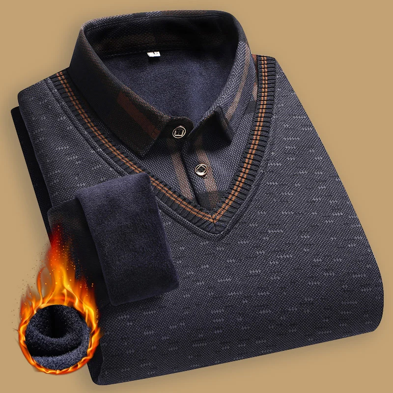 New Autumn Winter Sweaters Men's Velvet Pullover Knitted Bottom Shirts Men's Polo Pullover Wine Red Fleeced Knitwear 2