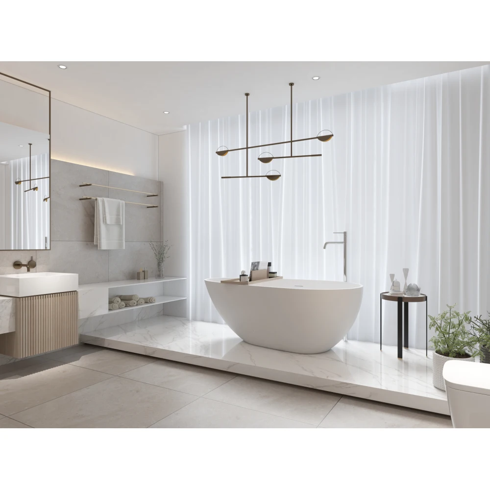 67" Freestanding Solid Surface Bathtub, Luxury Engineered Stone Resin Freestanding Soaking Bathtub with 6