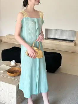 Miyake Pleated 2025 Summer New Casual Vacation Dress, PP Strappy Color-block Women's Long Dress 1