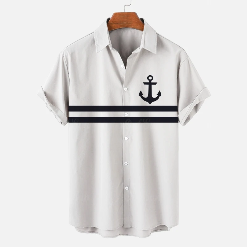 Simple Men's Shirt 3d Ship Anchor Striped Print Short Sleeved Shirt Beach Casual Hawaiian For Men Loose Oversized Tops