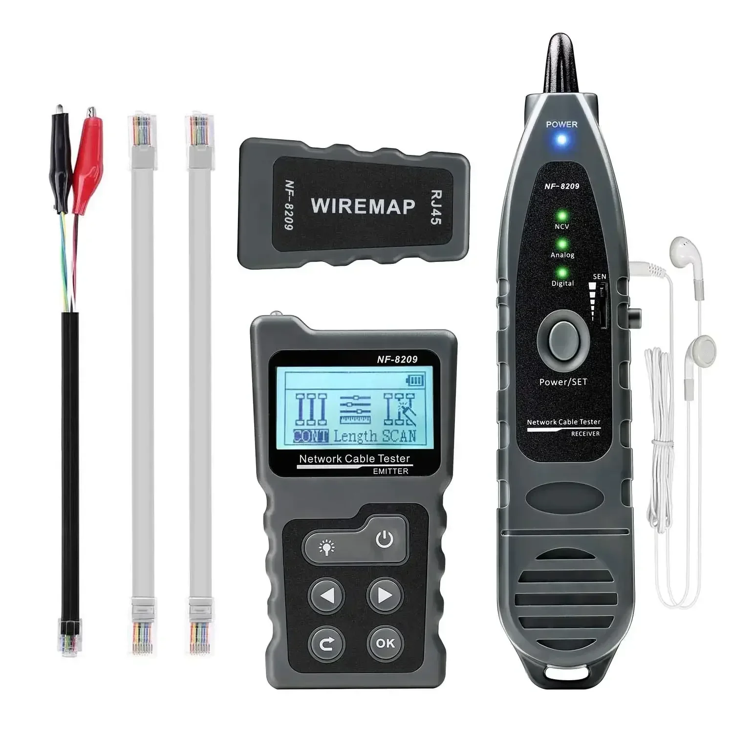 NF-8209 RECEIVER Network Cable Tester Ethernet Cable Tracker Poe Checker LCD Display Measure Length Wiremap Tester Network Tools 6