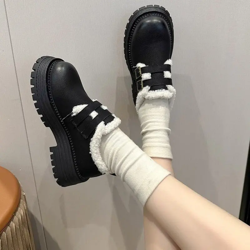 Lamb Plush Texture Japanese College Style Women'S Winter Snow Cotton Shoes Cute Autumn And Winter Color Ladies Shoes Fluffy New