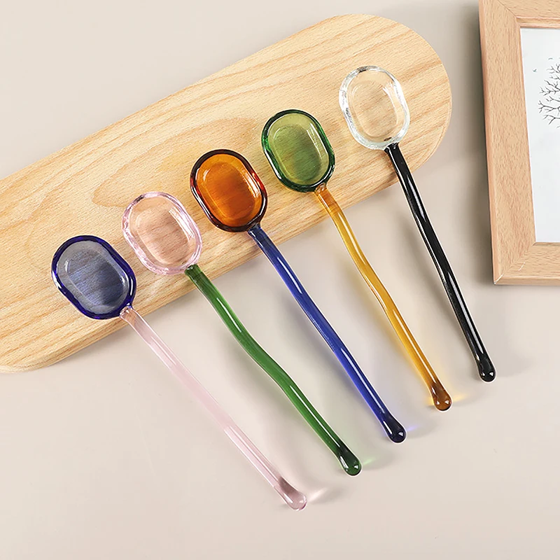 크리에이티브 유리 우유 스푼, 컬러 투명 커피 디저트 교반 스푼, 긴 손잡이 스푼, 주방 식기, 1PC