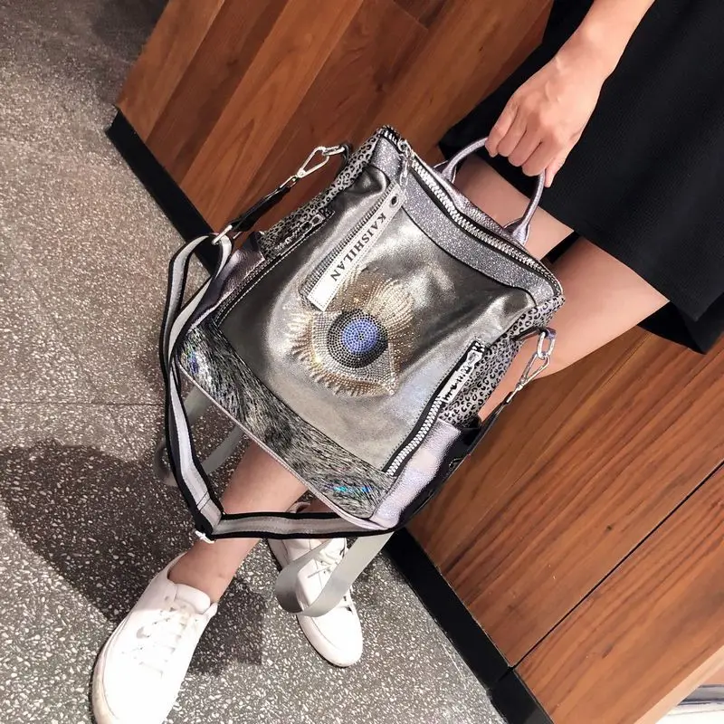 Rhinestone Big Eye Backpacks Women Real Leather Backpack Women Large Capacity Travel Mochila Mujer Female Rucksack