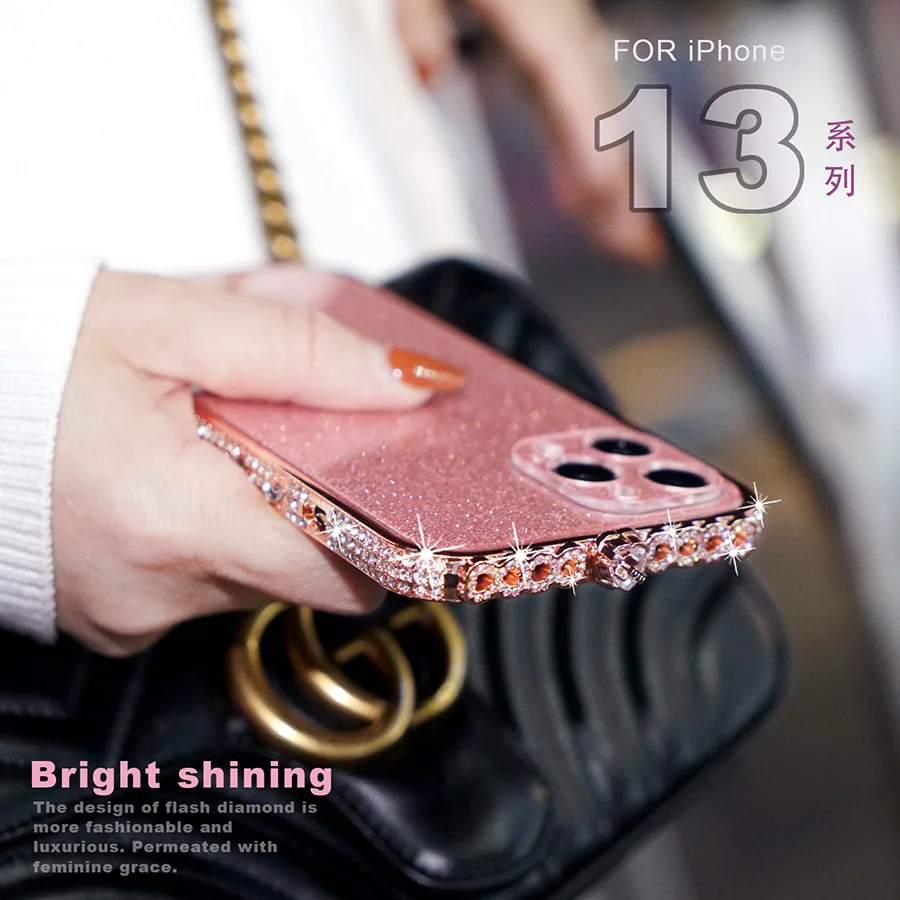

Luxury Diamond Bling Heart Border Litter Backfilm Phone Case For Iphone 13 12 11 Pro Max Xs Max Xr X 7 8 Plus Se Drill Bumper