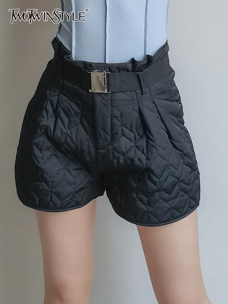 

TWOTWINSTYLE Cotton Short Pants For Women High Waist Spliced Belt Minimalist Straight Shorts Female Fashion Style Clothing 2023