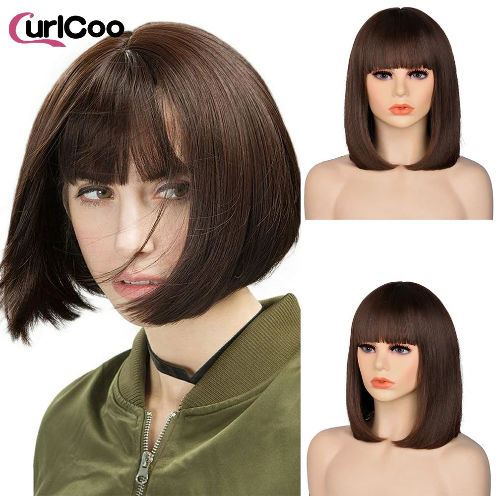 Short Bob Wig With Bangs Synthetic Wigs For Women Ombre Blonde Pink Lolita Cosplay Natural Hairs Daily Party Heat Resistant