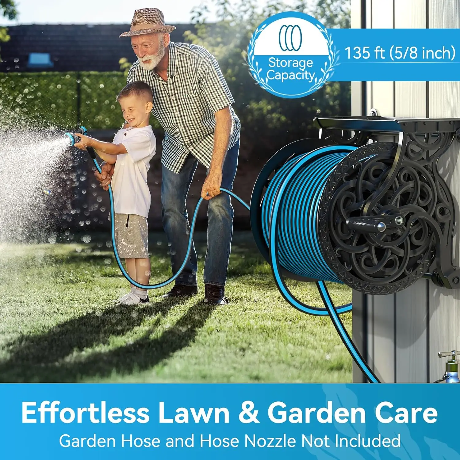 Reel, Hose Holder with Aluminum Frame, Never-Leak System, Easy Assembly, Hose Reel Wall Mount Holds 135 ft x 5/8 in Hose