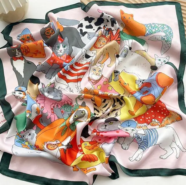 70cm*70cm Silk Square Scarf Women Cartoon cat Bag Print Foulard Big Hijab Bandana Lady Neckerchief High Quality Silk Scarf FJ095 6