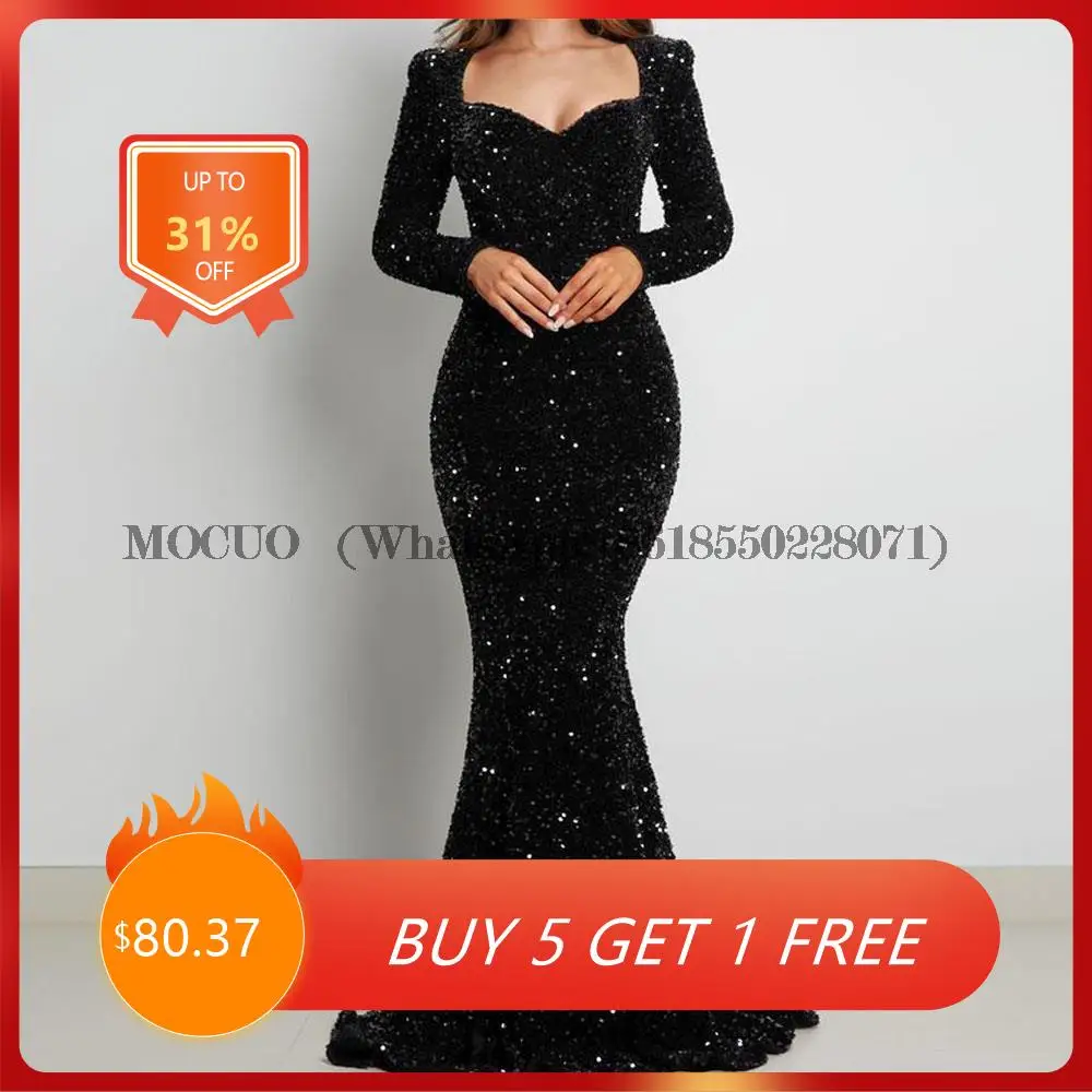 

Shinny Sequins Sexy Black Mermaid Prom Dresses Long Women Party Night Full Sleeves Evening Gowns Back Zipper Robe De Soiree