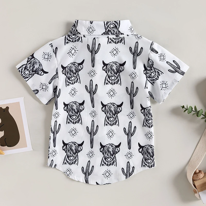 Fashion Summer Baby Boys Shirts Cattle Cactus Graphic Print Short Sleeve Button Shirts For Kids Blouse Tops Children Clothing