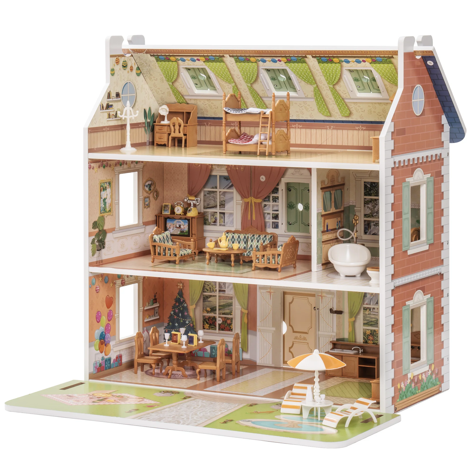 

Robud Doll House 3 in 1 Wooden Dollhouse Dreamhouse for Kids Toddler 3+ Years Old, Dollhouse with DIY Furniture 40+PCS