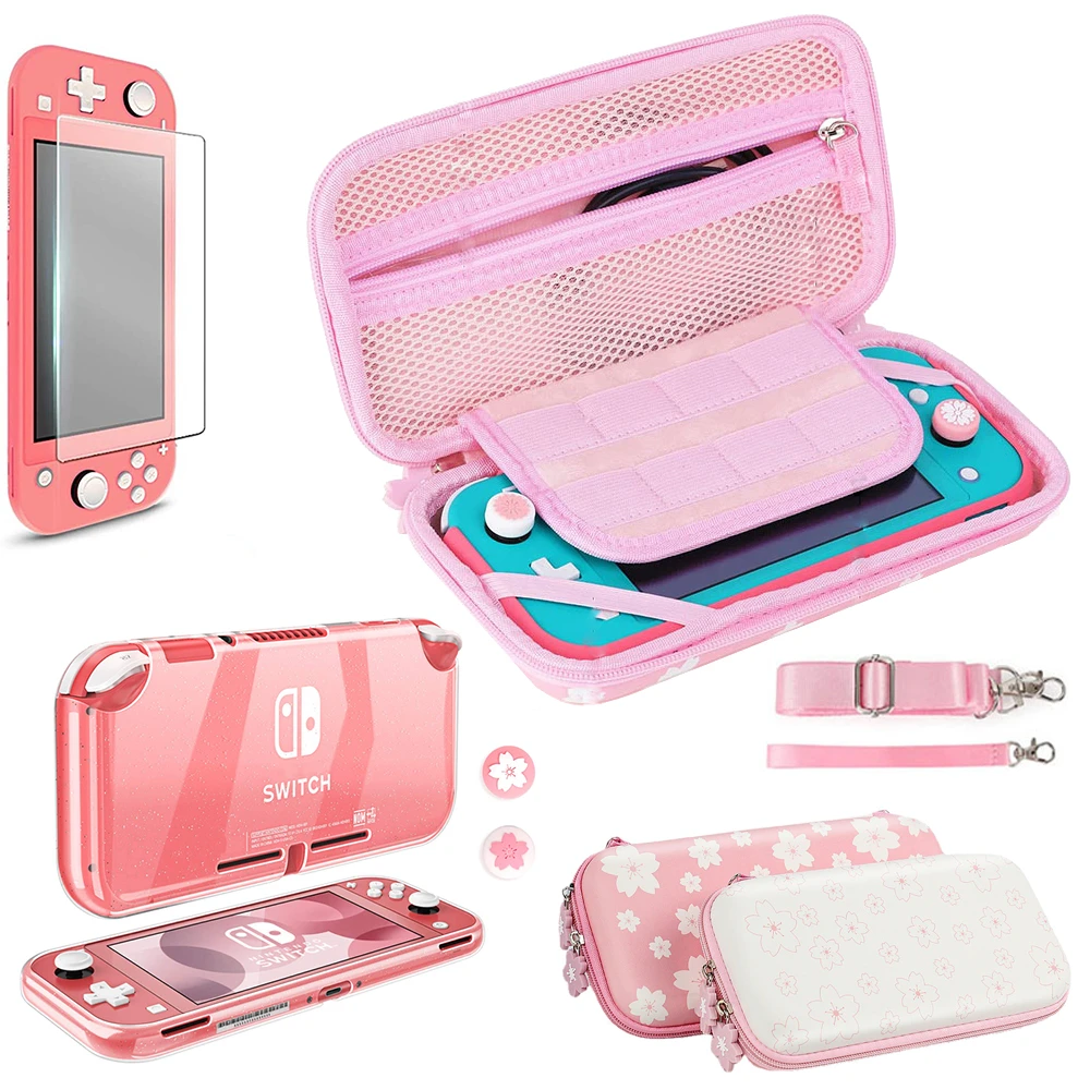 Accessories Kit for Nintendo Switch Lite, Bundle with Pink Carrying Case, TPU Protective Cover