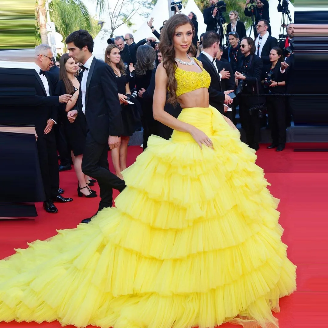

Luxury Yellow Pleated Tulle Skirts Puffy A Line Ruffled Tiered Long Tulle Celebrity Party Skirt Hi Waist Lush Mesh Maxi Skirt