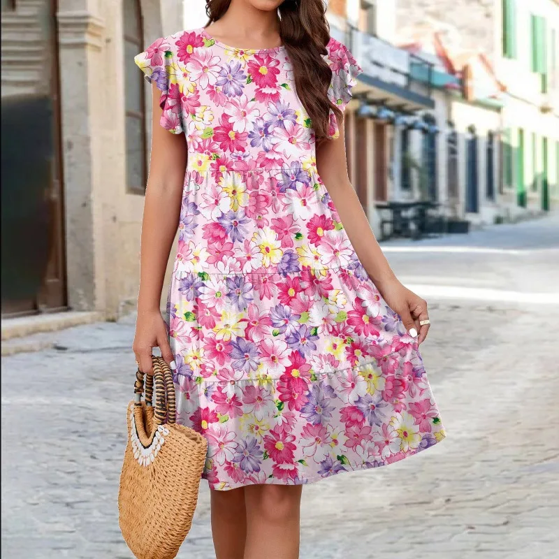 

Summer Knitting Knee Length Dress Women's Printing Dresses Fashion Flower Print Round Neck Cake Flying Sleeves Ladies Midi Skirt