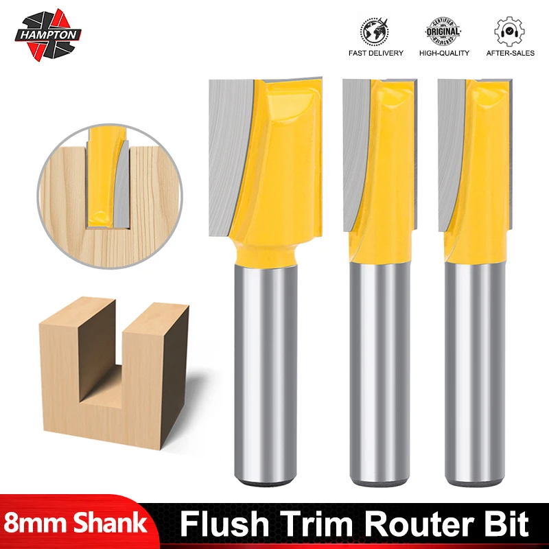 HAMPTON Fräser, 8 mm Schaft, bündiger Fräser, 8/9,5/12/16 mm Durchmesser, 2 Nuten, gerader Fräser für Holzbearbeitungswerkzeug