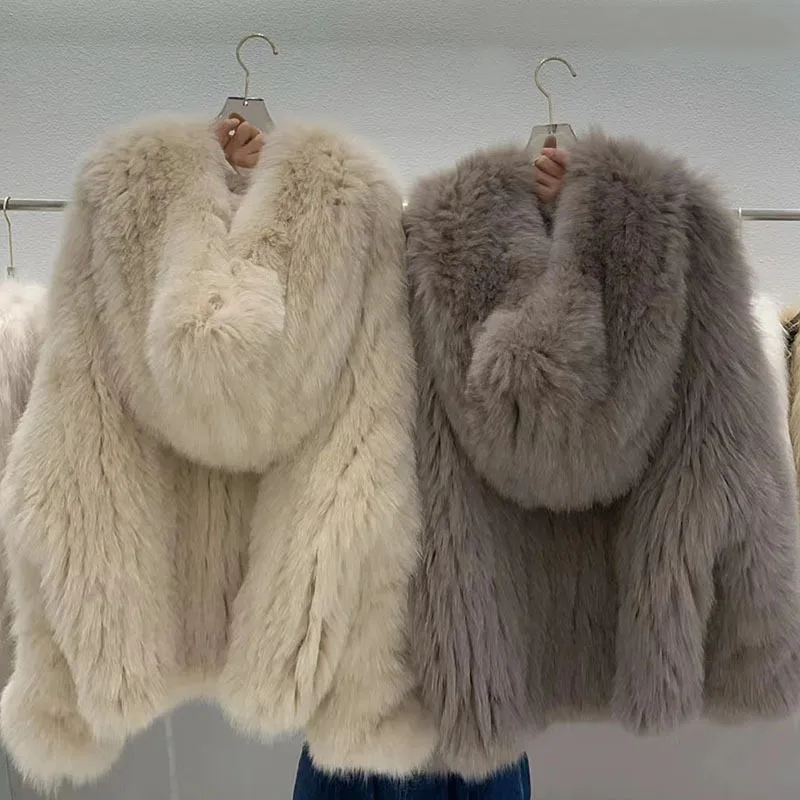 

2023 Real Fur Dense Double sided Woven Fox Fur Coat Women's Hooded Big White Bear Youth Fur Coat