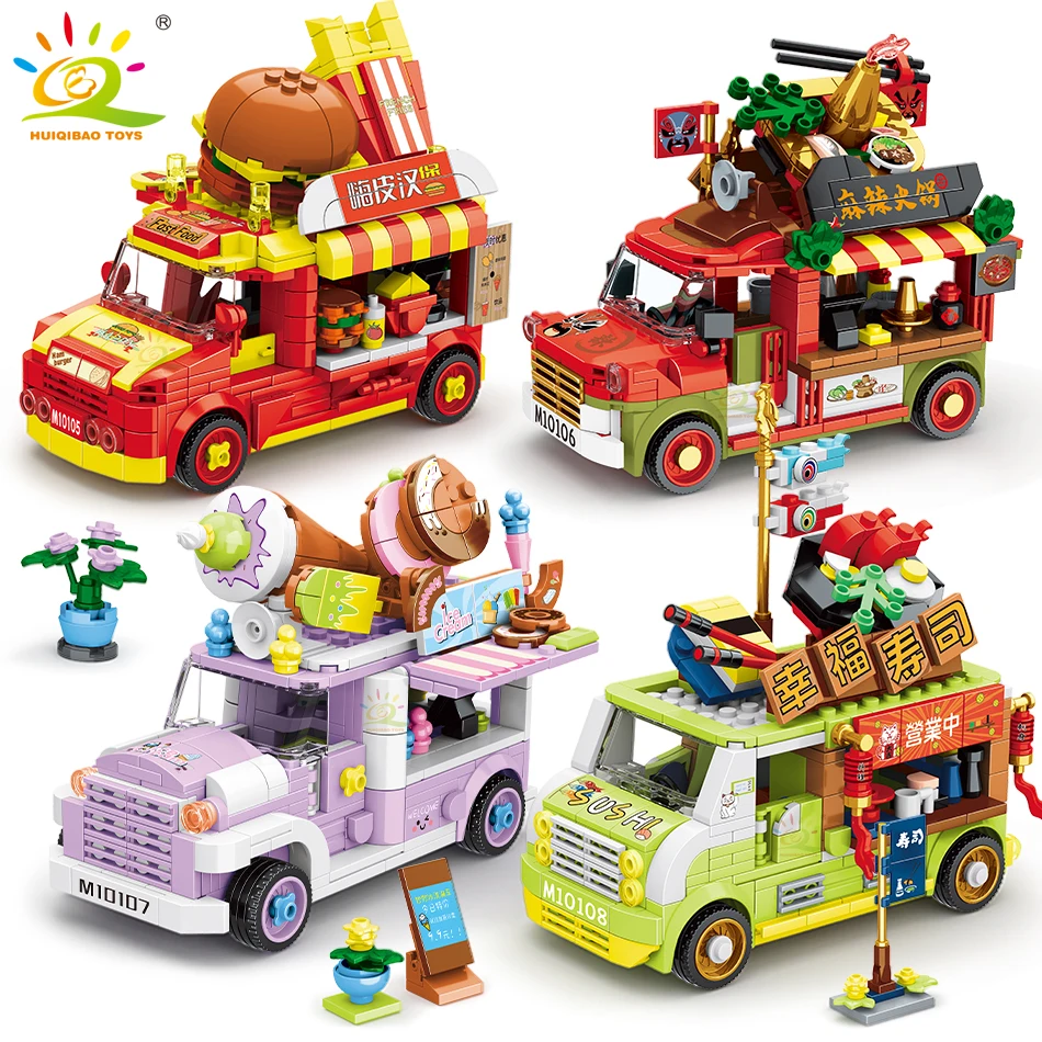 Huiqibao Street View Store City Car Building Blocks Architettura Outing Bus Burger Shop Ice Truck Cream Bricks Toy For Children