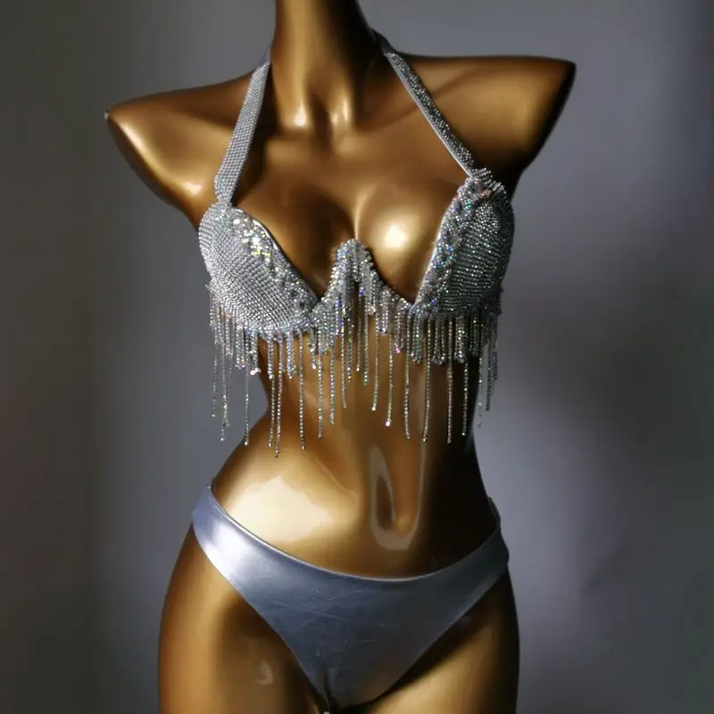 2024 Bikini Set Women Diamante Carnival Bra rhinestone Tassel Night Club Panties Rave Festival Bikini Set Burning Man Outfit 1
