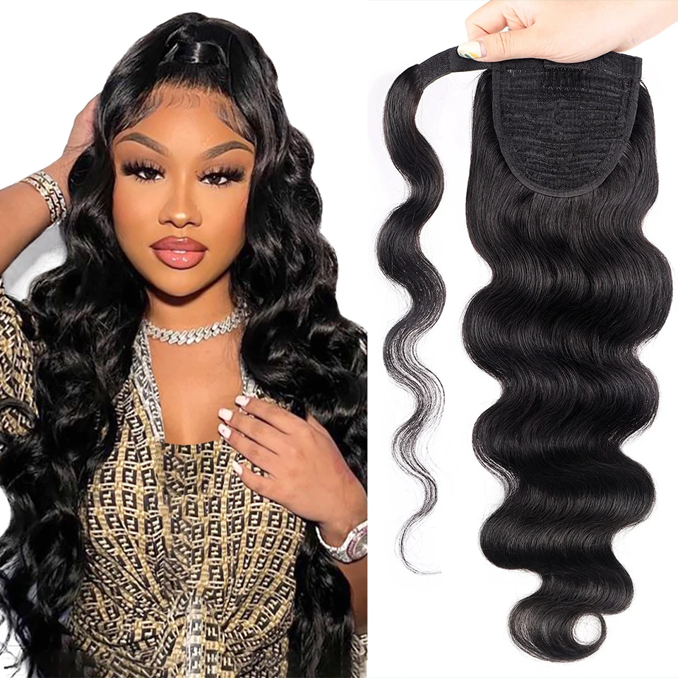 

Ponytail Extension Human Hair Body Wave Ponytail with Magic Paste Warp Around Brazilian Virgin Human Hair Clip in Ponytail