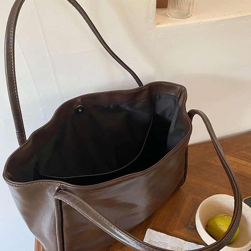 Women Tote Bag Retro Solid Color Underarm Pouch For Student Large Capacity Soft Pu Leather Shoulder Bag Fashion Portable Bucket