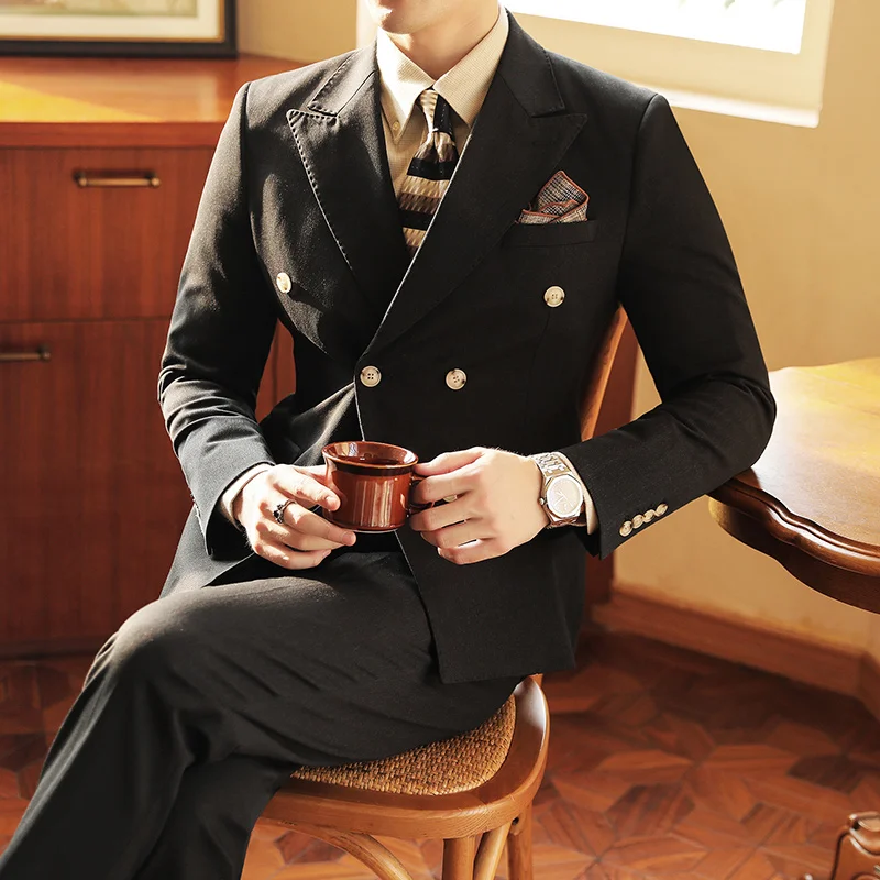 

New High Sense (suit+pants) Men's Fashion Business Lapel Collar Two-color Texture Fabric Double Breasted Gentleman Wedding Suit