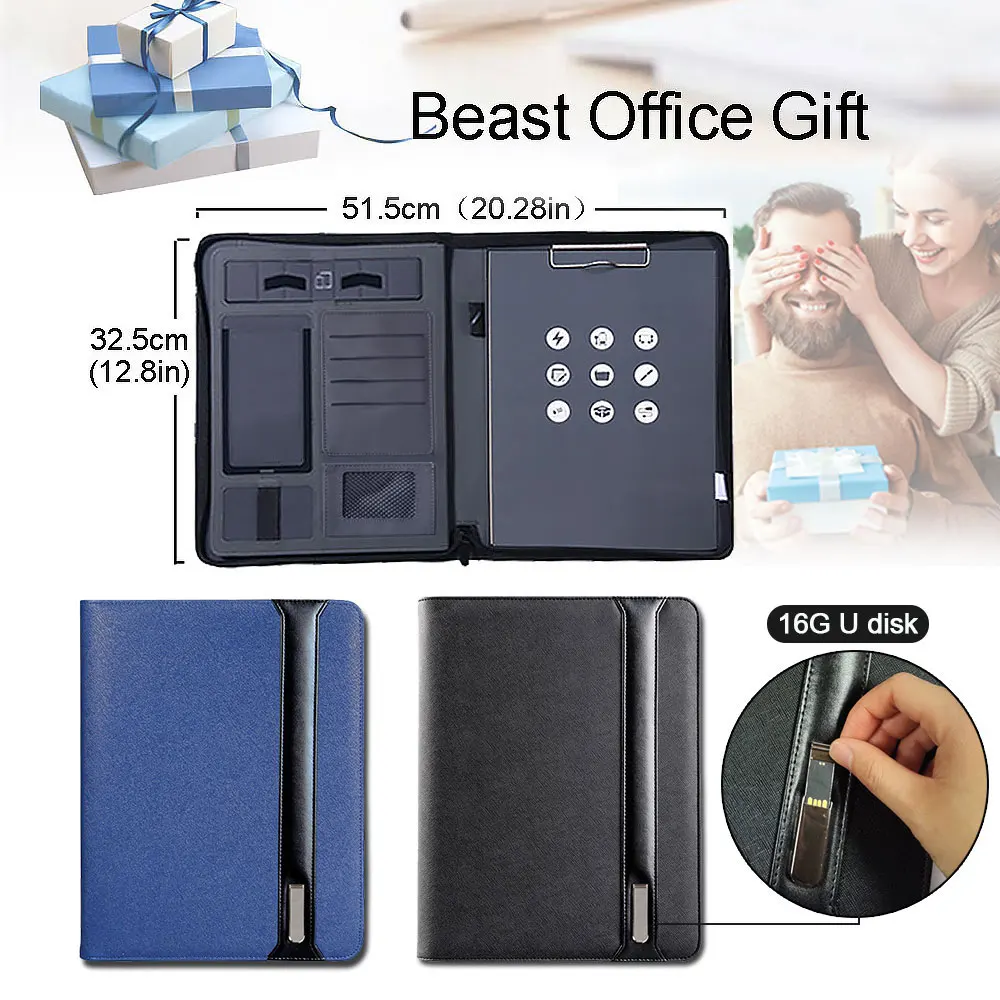 Leather Folder Office Padfolio Portfolio Padfolio Folder for Documents Organizer with Clipboard 16G U Disk & Notepad PU Leather Business Briefcase