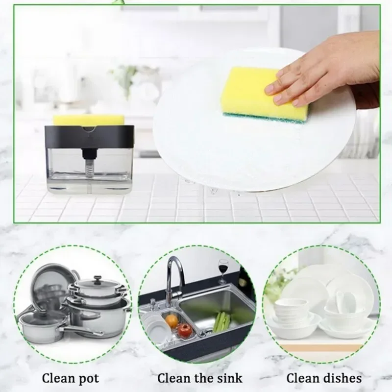 Soap Dispenser Pump with Sponge Manual Press Cleaning Liquid Container Organizer Kitchen Tool