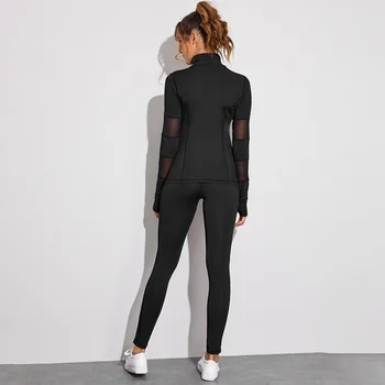 1 Set Winter Fitness Yoga Set Women Solid Color Stretch Athletic Suit Zipper Jacket High Waist Leggings Female Sportswear Black 2