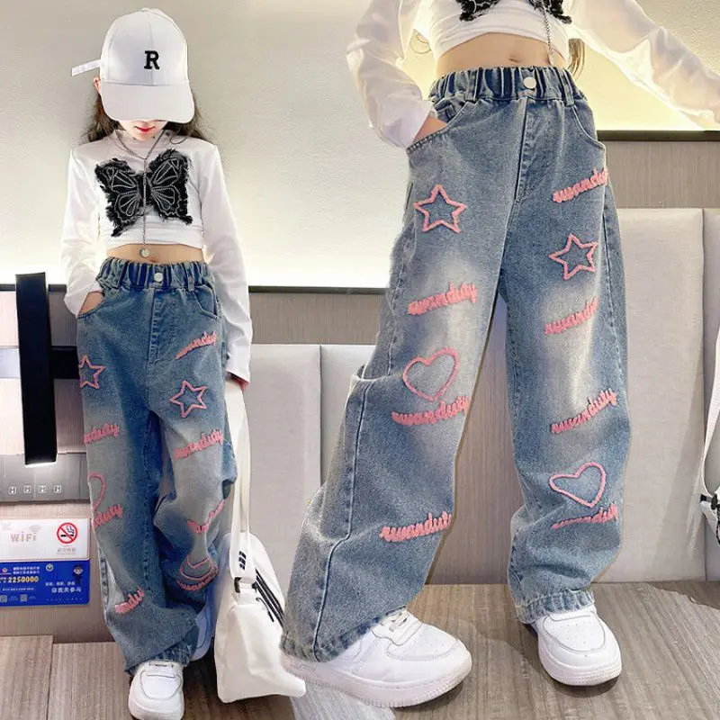 ToeJusty Girls' Colorful Butterfly Wide Leg Jeans - Elastic Waist Baggy Denim Pants For Kids 4-14 Years