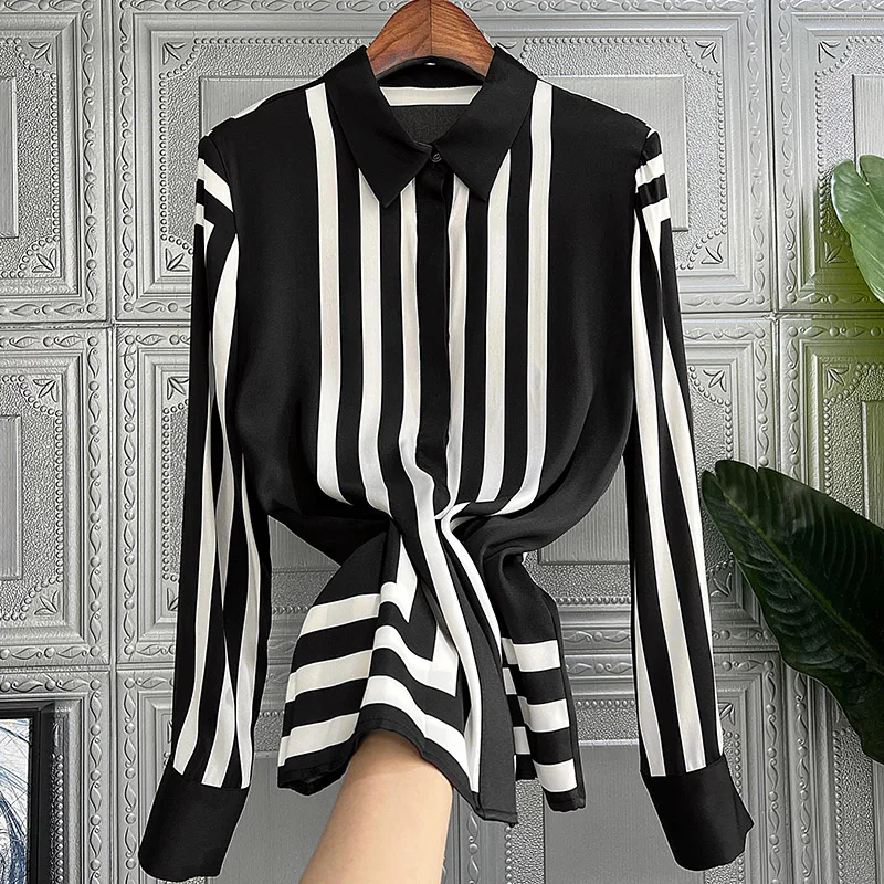 

Summer Casual Women's Blouse Stripe Long Sleeve Turndown Collar Buttons Shirt