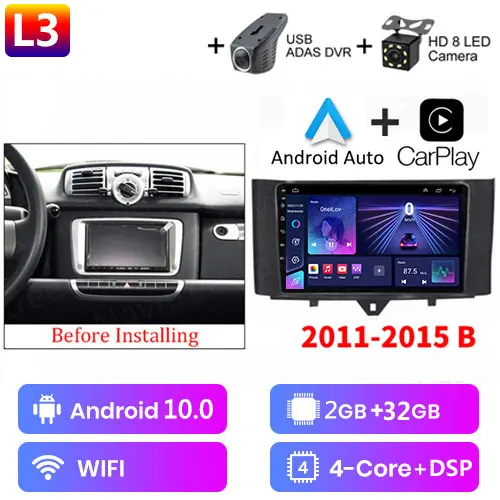 CAMECHO 4+64G 9 Pouces Autoradio Pour Mercedes-Benz Smart Fortwo 2011-2015 Avec Caméra De Recul, Android 15 Navi Radio HD Écran Tactile Avec Sans Fil Carplay Android Auto Bluetooth GPS FM/RDS