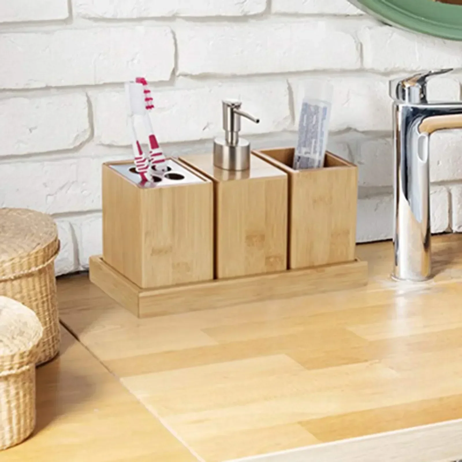 

Toothbrush Wooden Household Accessories Vanity Tray for Storage Holder Multifunction Home Bathroom 4pcs Set Organizer