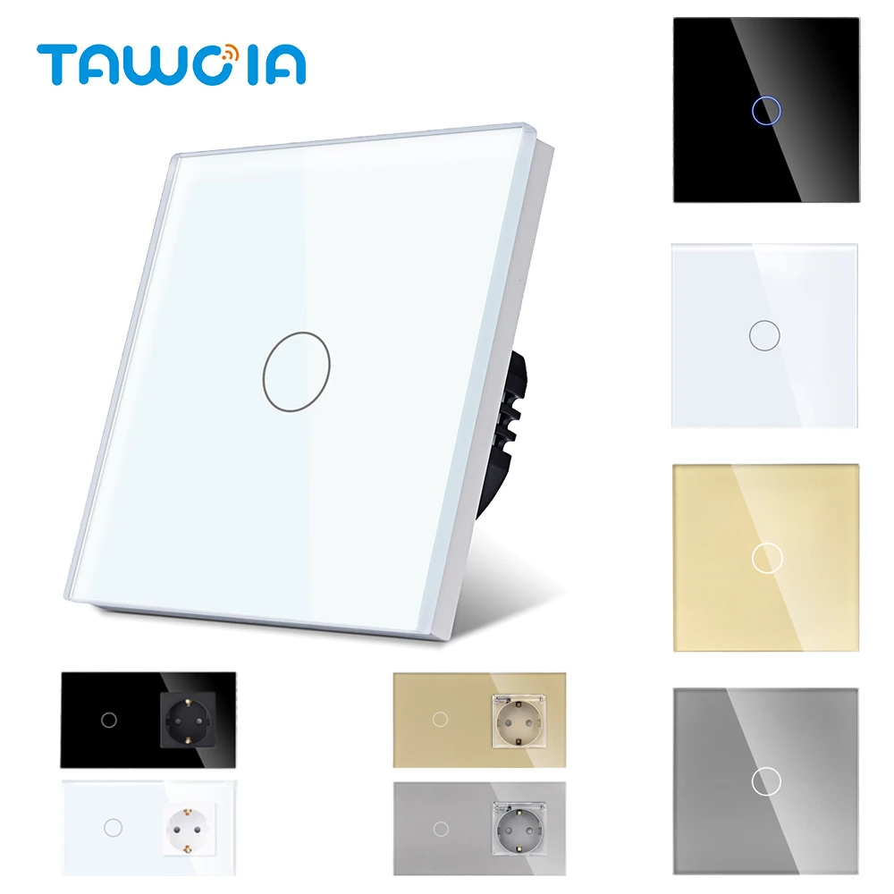 TAWOIA Glass Touch Switch 800W 1 Gang 1 Way Light Touch Switch EU Standard Wall Power Socket 16A 250V With Safety Door