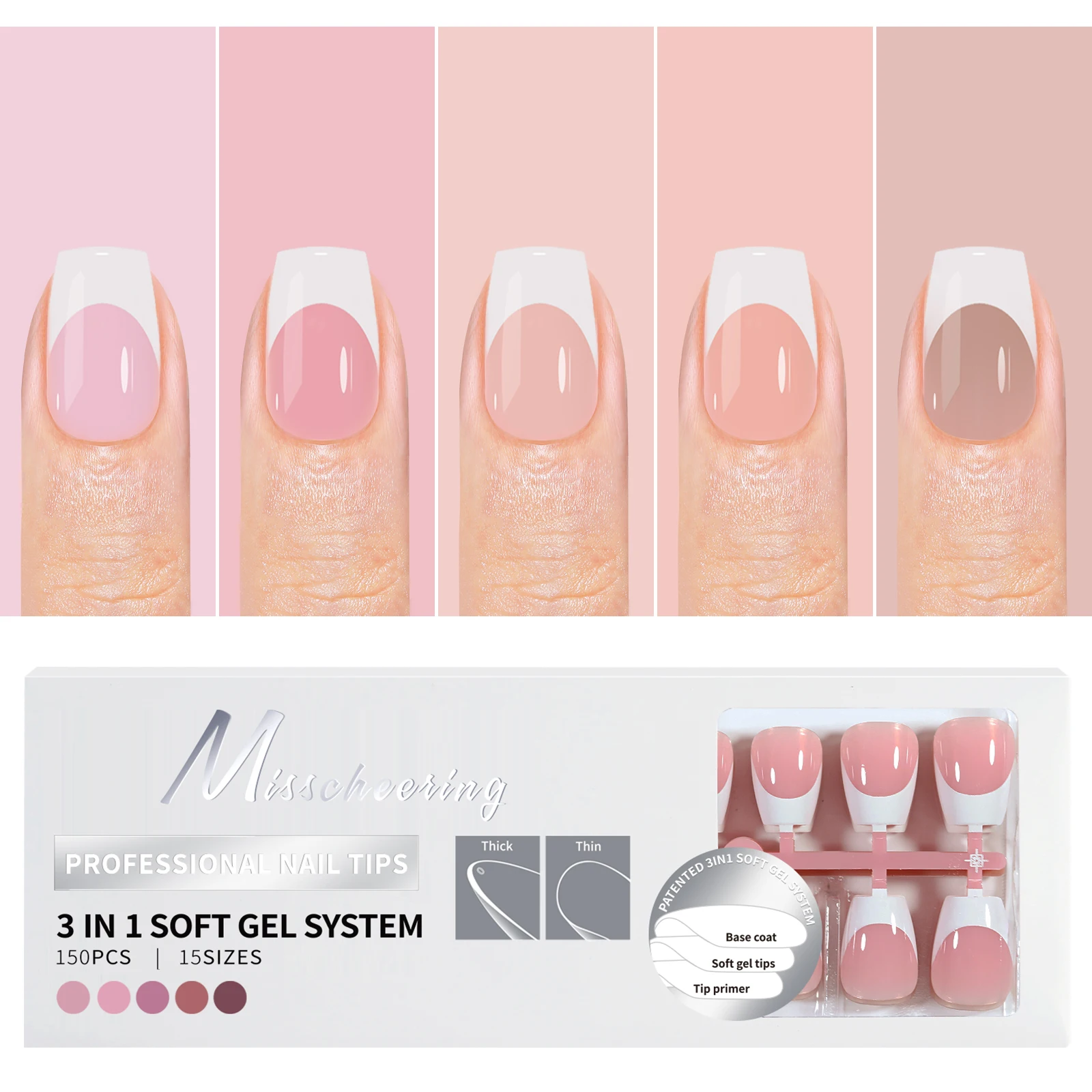 150PCS Coffin Almond Soft Gel Press on Nails 3 in 1 French Nail Tips Removeable 15 Sizes of Nail Art With Design DIY False Nails