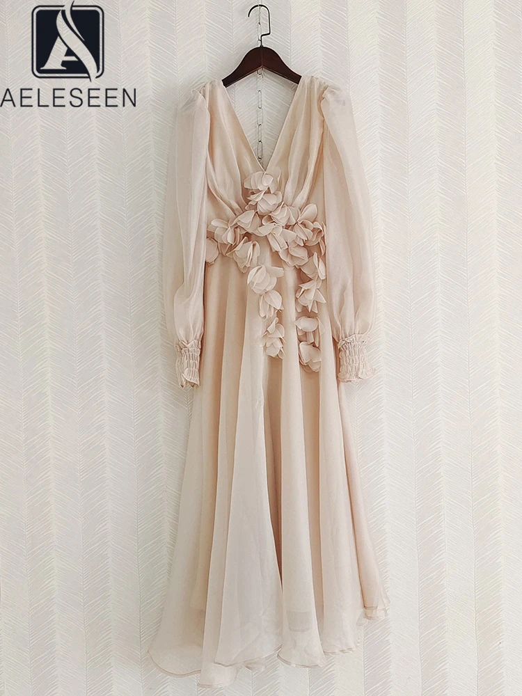 

AELESEEN Women Spring Summer Dress Runway Fashion V-Neck 3D Appliques Backless Long Sleeve White Apricot Elegant Party Holiday