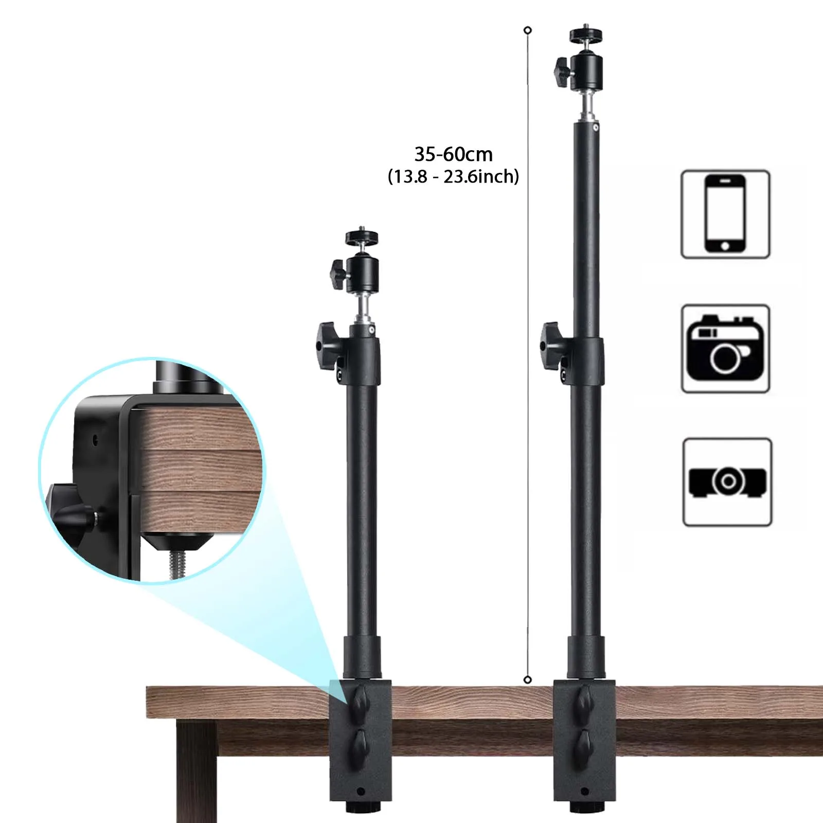Desk Mount Stand DSLR Camera C Clamp Light Stand Photographic Light Boom Ball Head for Phone Video Ring Zoom