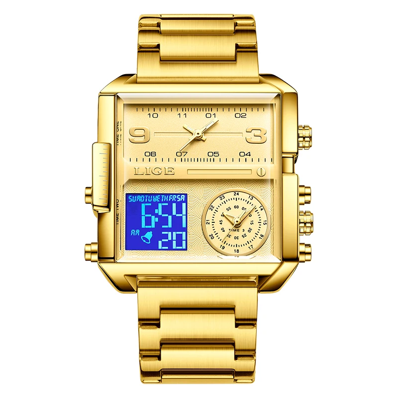 Luxury Gold Steel Sports Square Digital Analog Men's Quartz Watch