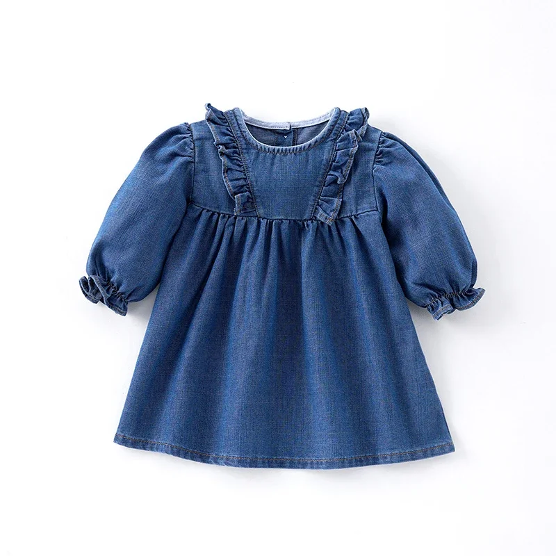thumbnail image 1 of Vestido vaquero de primavera de estilo coreano para bebés de 0 a 6 años, vestidos de manga larga de Color sólido para niños, vestido bonito con diseño de volantes para niñas, 1 of 6