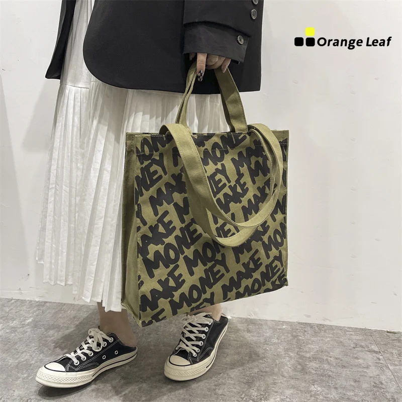

Women Canvas Shoulder Bag Letter Printing Ladies Casual Handbag Tote Bag Large Capacity Cotton Reusable Shopping Beach Bag 2023