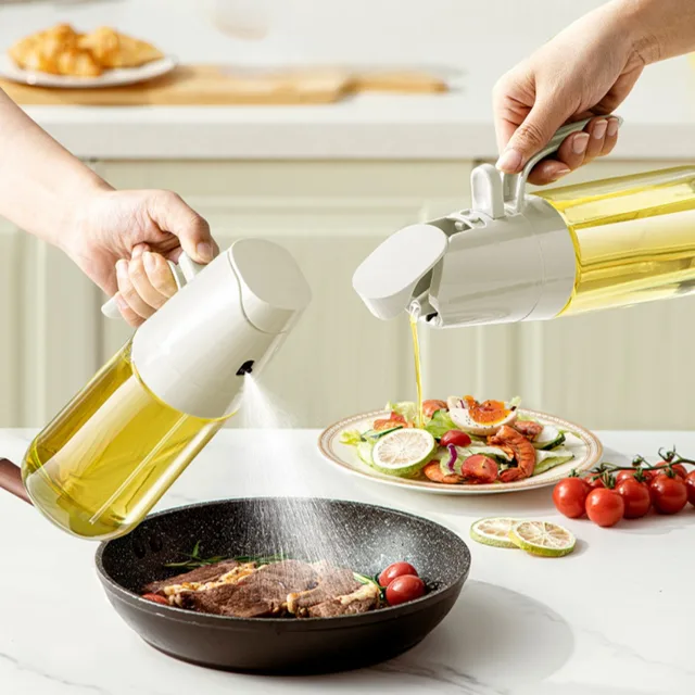 2in1 สเปรย์น้ํามันขวด 350ml Borosilicate แก้วน้ํามันปรุงอาหาร Dispensers Olive Oil Sprayer Mister สําหรับ Air Fryer สลัดเบเกอรี่ 6