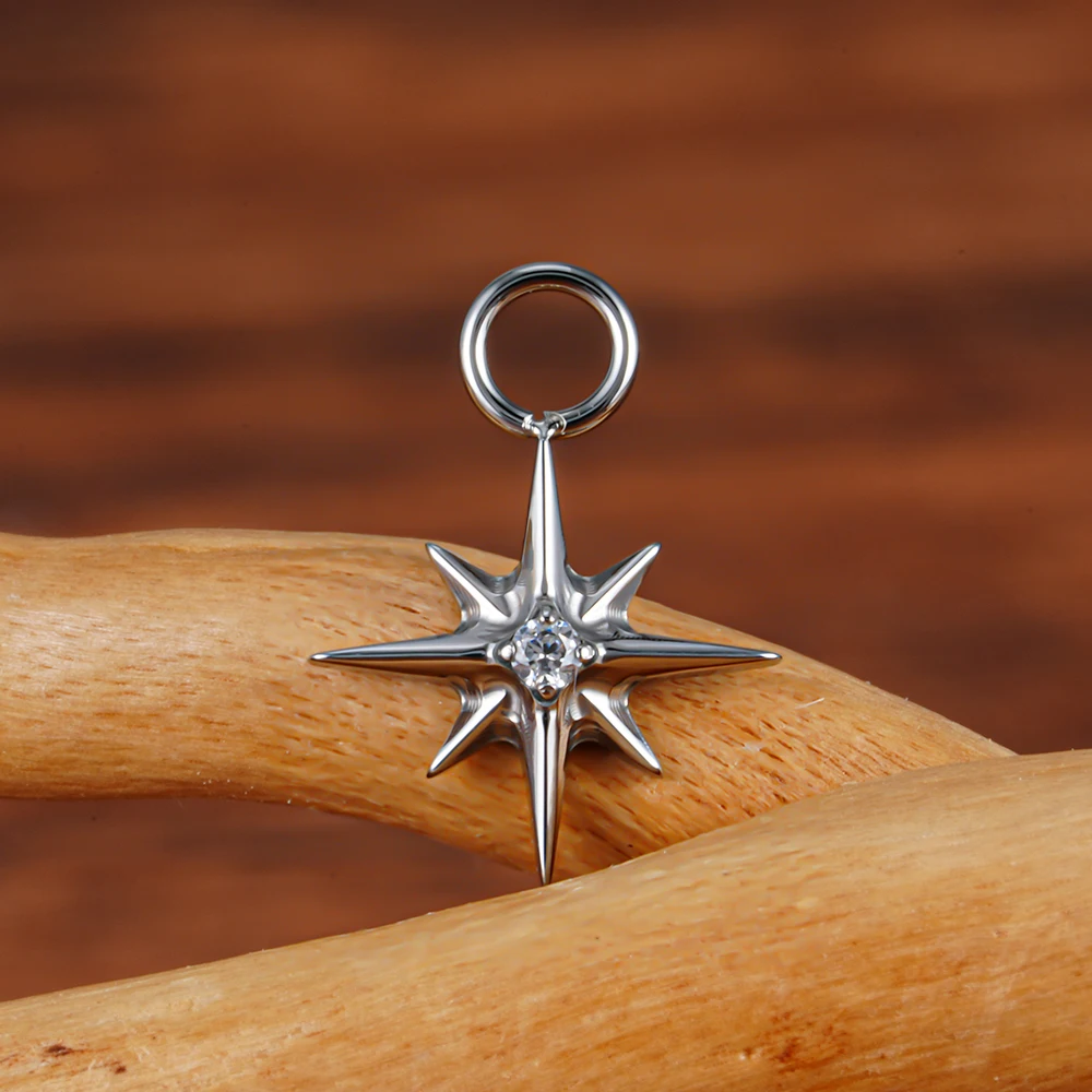 Right Grand ASTM F136 Titanium Starburst CZ North Star Charm Pendant for Ear Lobe Hoop Huggie Dangle Earrings